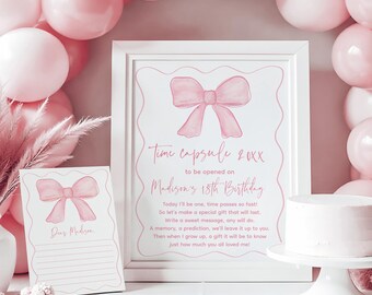 Pink Bow 1st Birthday Time Capsule Sign & Cards (Digital Download A742)