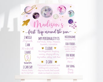 Editable Girl Astronaut Outer Space Birthday Milestone Sign First Trip Around The Sun Pink Gold Galaxy Planets Rocket Ship Digital A631