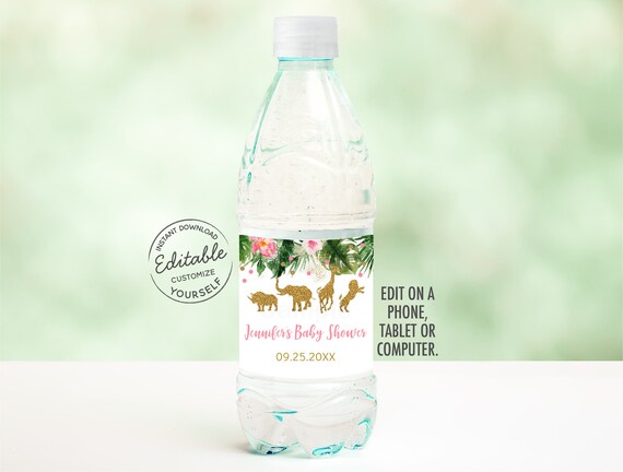 EDITABLE Pink & Gold Safari Water Bottle Labels, Safari Baby Shower, Girl Safari, Jungle Animals, Printable, Digital, Instant Download A477 Il_570xn