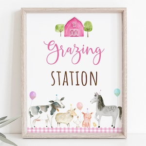 Grazing Station Pink Farm Birthday Sign Snack Sign Girl Farm Party Barnyard Birthday Farm Animal Balloons Pink Gold Digital Download A629