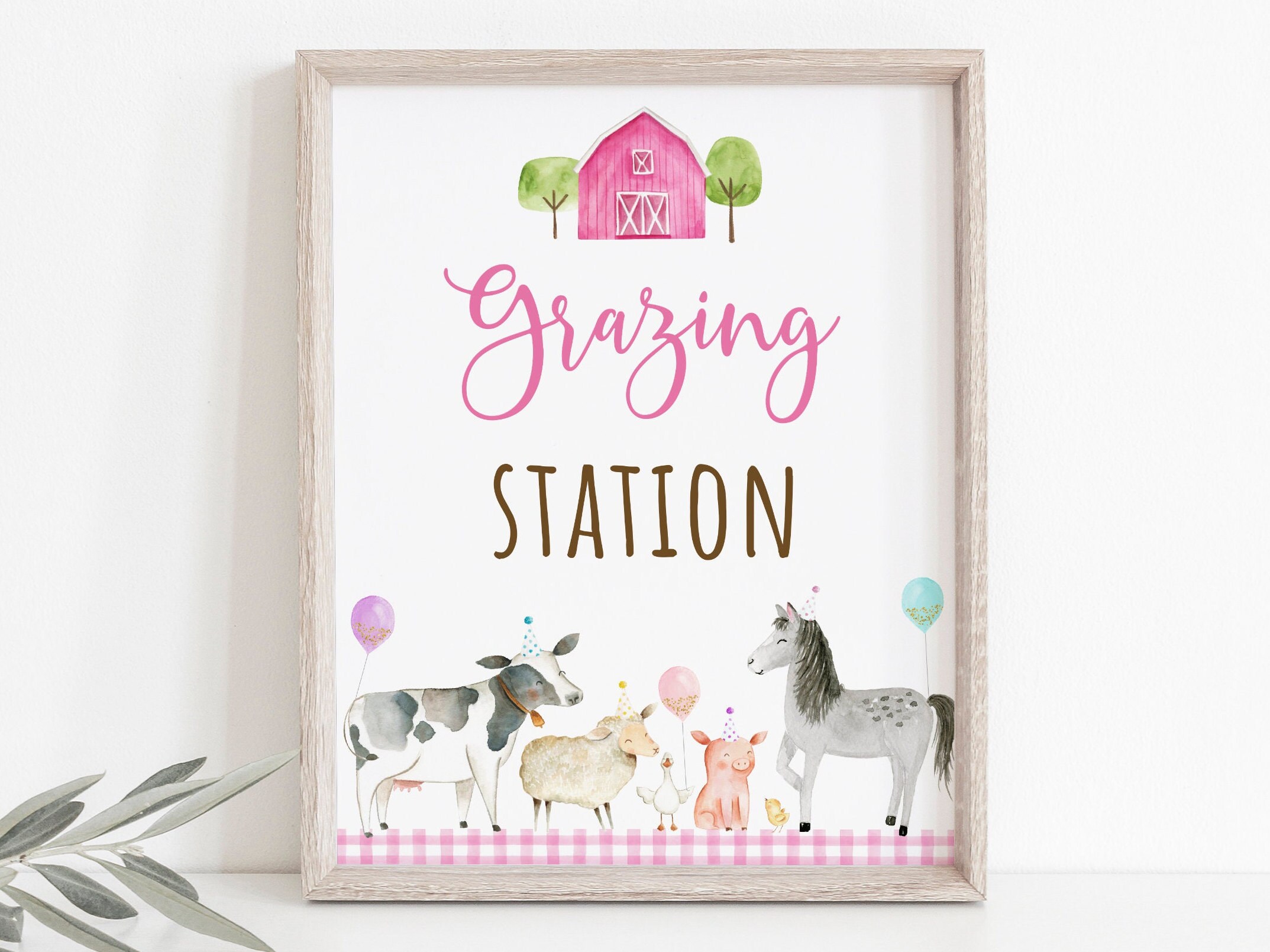 Grazing Station Pink Farm Birthday Sign Snack Sign Girl Farm Party Barnyard Birthday Farm Animal Balloons Pink Gold Digital Download A629