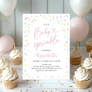 May include: A pink and white baby sprinkle invitation with colorful sprinkles on a white background. The invitation reads "It's a Baby Sprinkle Honoring Alyssa Miller Saturday October 15th 6:00 PM The Miller home 125 West 18th Street, New York, NY 10020 RSVP by October 5th: 917.628.2455 call or text Registered at Store Names Here"