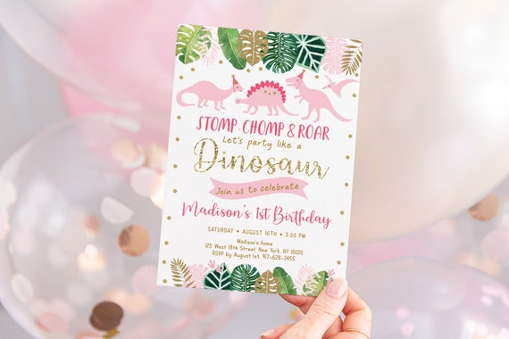 Pink Dinosaur Birthday Invitation, Pink & Gold Dinosaur Birthday Invite, Dinosaur Safari, Girl Dinosaur, Gold Safari, EDITABLE Digital A507 Il_570xn