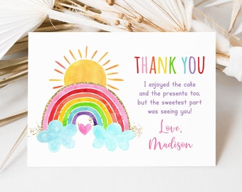 Editable Rainbow Sunshine Birthday Thank You Card Girls Rainbow Party Pink Gold Rainbow Clouds Sun Watercolor Rainbow Digital Download A661