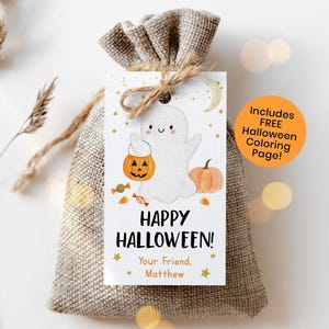 May include: A white ghost with a friendly face holds a jack-o-lantern bucket and a small pumpkin. The tag says "Happy Halloween!" and "Your Friend, Matthew". It includes a free Halloween coloring page.