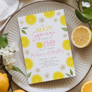 Lemon First Birthday Invitation, Main Squeeze is One, Daisy Floral Lemon Party, Girl 1st Birthday, Editable Digital Download A767