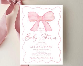Editable Pink Bow Baby Shower Invitation Minimalist Watercolor Ribbon Baby Shower Invite Blush Pink Baby Girl Digital Download A742