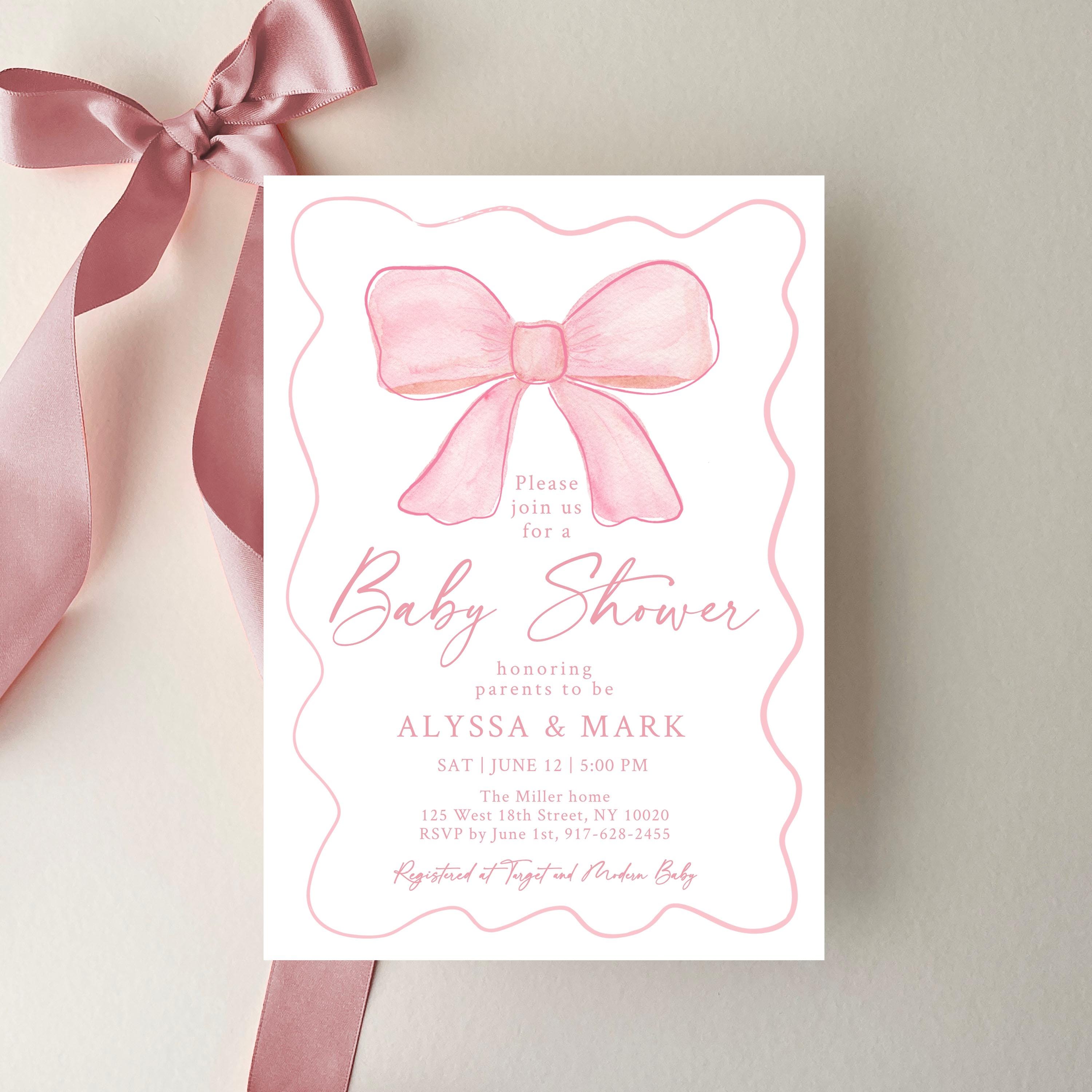Editable Pink Bow Baby Shower Invitation Minimalist Watercolor Ribbon ...
