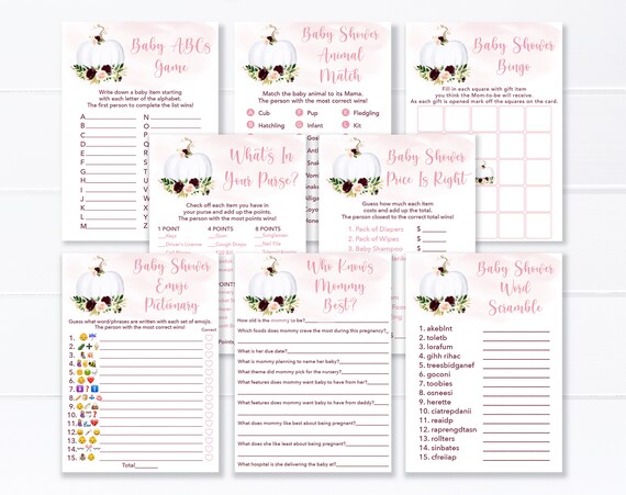 Pumpkin Baby Shower Games Package Pink Burgundy Gold Floral Pumpkin Girl Baby Shower Set Of 8 PRINTABLE GAMES Digital Instant Download A569 Il_570xn
