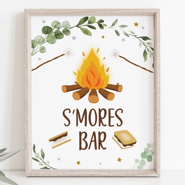 S'mores Bar Birthday Sign S'mores Party Camping Campfire Bonfire Greenery Digital Printable Instant Download A520