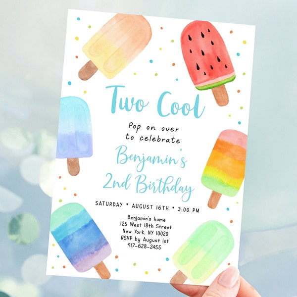 Editable Two Cool Popsicle Birthday Invitation Popsicle 2nd Birthday Invite Pop On Over Blue Boy Popsicle Party Ice Cream Digital A674