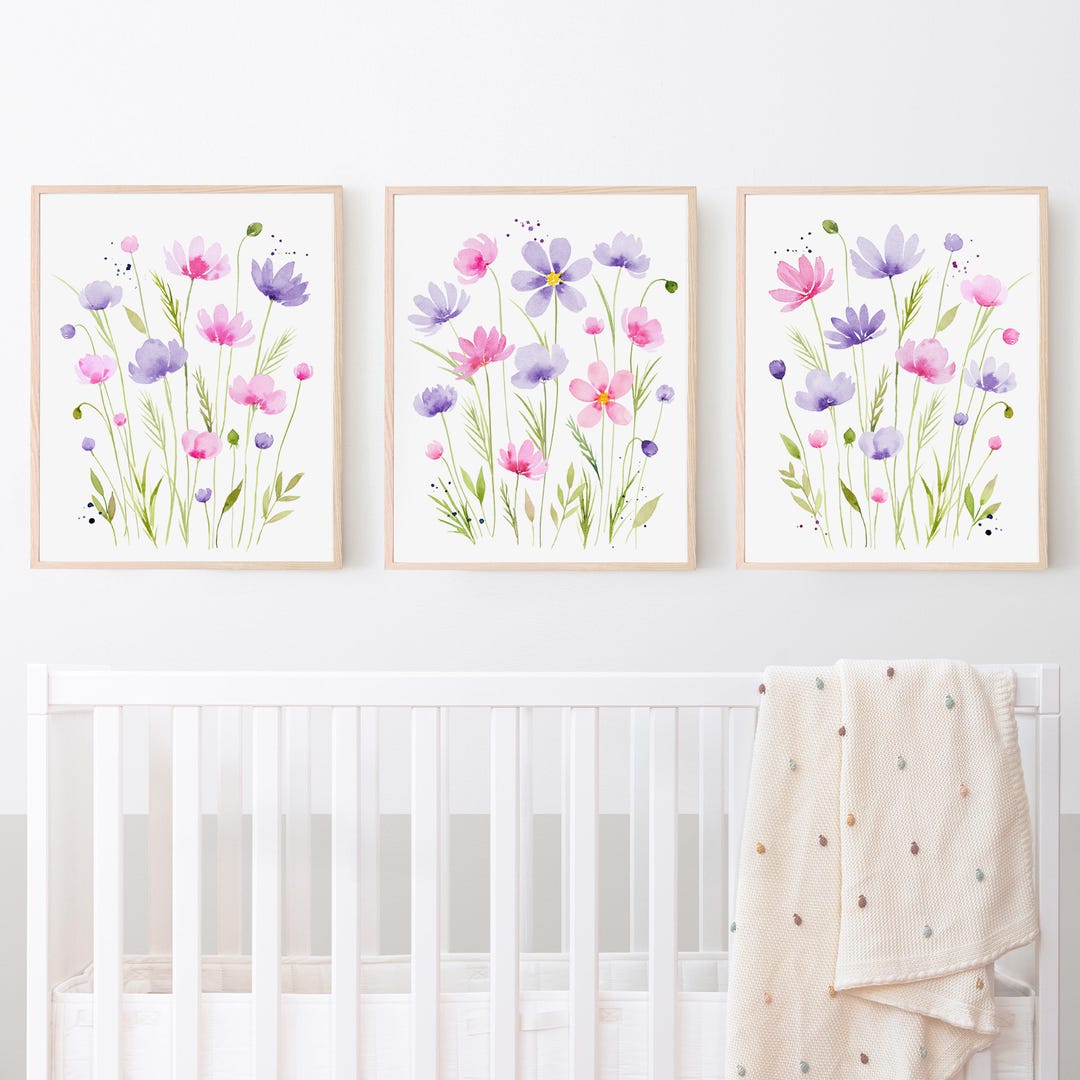 Pink and Purple Flower Wall Art, Set of 3 Watercolor Floral Nursery ...