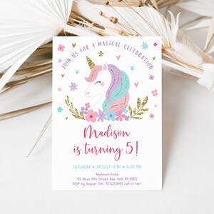 Unicorn Birthday Invitation Rainbow Unicorn Birthday Invite Pink Gold Pastel Floral Unicorn Party Editable Digital Download A634 image 2