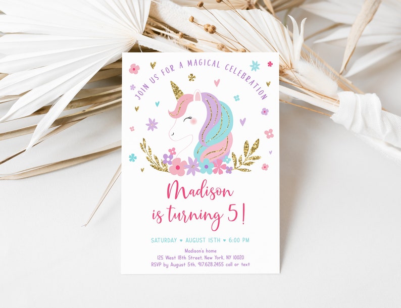 Unicorn Birthday Invitation Rainbow Unicorn Birthday Invite Pink Gold Pastel Floral Unicorn Party Editable Digital Download A634 image 2