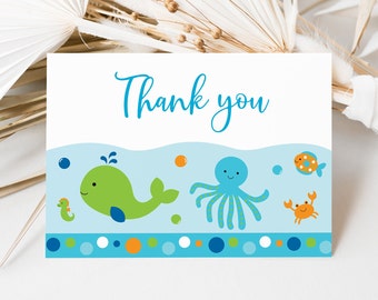 Under the Sea Thank You Card Blue Under The Sea Baby Shower Whale Crab Nautical Sea Creature Boy Baby Shower Printable Instant Download A229