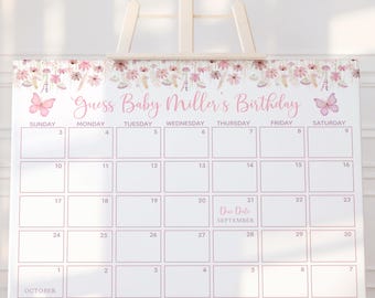 Op de afbeelding: Een witte baby shower kalender met roze tekst en bloemenversieringen. De kalenderraster is verdeeld in vierkanten met de tekst "Guess Baby Miller's Birthday" bovenaan. Vlinders en bloemen versieren de bovenrand. De uitgerekende datum is in september.