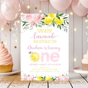 Editable Lemonade First Birthday Invitation Sunshine Lemonade and Fun Pink Lemonade Pink Gold Floral Girl Lemonade Party Digital A613
