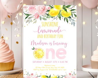 Editable Lemonade First Birthday Invitation Sunshine Lemonade and Fun Pink Lemonade Pink Gold Floral Girl Lemonade Party Digital A613