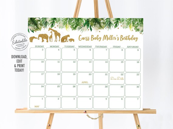 EDITABLE Gold Safari Animal Baby Due Date Calendar, Safari Baby Shower, Jungle Animal, Birthday Predictions, Printable Instant Download A475 Il_570xn