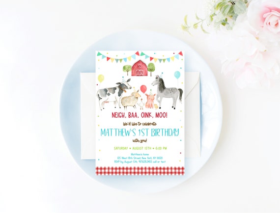 Editable Farm Birthday Invitation Farm Animals Birthday Invite Barnyard Boy Farm Party Farm Animals with Balloons Digital Download A629 Il_570xn