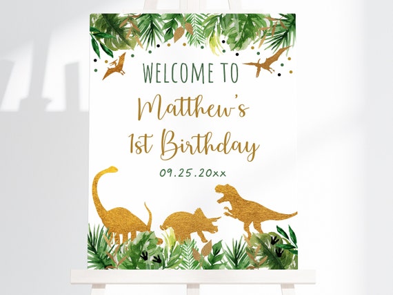 Editable Dinosaur Birthday Welcome Sign, Gold Dinosaur, Dinosaur Safari, Dinosaur Dig Party, T- Rex Birthday, Printable, Digital Corjl A498 Il_570xn