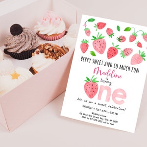 May include: A pink and white birthday invitation with a watercolor illustration of strawberries and the text "Berry Sweet and So Much Fun Madeline is turning one". The invitation includes details for a birthday party, including the date, time, and location.