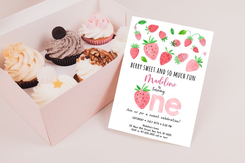 May include: A pink and white birthday invitation with a watercolor illustration of strawberries and the text "Berry Sweet and So Much Fun Madeline is turning one". The invitation includes details for a birthday party, including the date, time, and location.