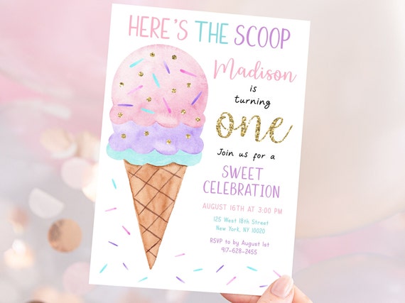 Editable Ice Cream Birthday Invitation Here's The Scoop Pink Gold Ice Cream Birthday Girl Ice Cream Party Watercolor Digital Download A673 Il_570xn