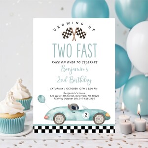 Editable Race Car Birthday Invitation Growing Up Two Fast Birthday Invite Racing Party Blue Racing Car Boy Second Birthday Digital A688