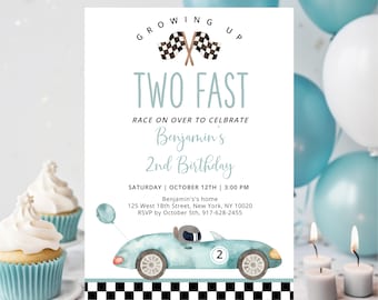 Invitación de cumpleaños editable de coche de carreras. Creciendo dos cumpleaños rápidos. Invitación de fiesta de carreras. Coche de carreras azul. Segundo cumpleaños de niño. Digital A688.