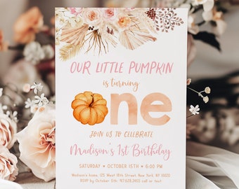 May include: A pink and orange invitation with a watercolor pumpkin and the text "OUR LITTLE PUMPKIN is turning one" and "JOIN US TO CELEBRATE Madison's 1st Birthday". The invitation also includes the date, time, and location of the party.