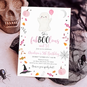 May include: A Halloween-themed birthday invitation featuring a friendly ghost holding a pink balloon. The invitation text reads "She's fabBOOlous and 5!" with details for Madison's 5th birthday. The design includes pink pumpkins, sweets, and a witch's hat, all in a spooky theme.