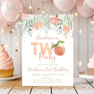 Editable Peach Birthday Invitation Two Peachy Second Birthday Invite Peach Gold Floral Girl 2nd Birthday Printable Digital A608