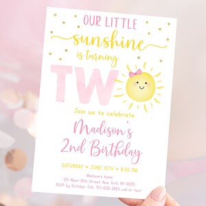 Editable Sunshine 2nd Birthday Invitation Girl Sunshine Party Pastel Little Sunshine Pink Gold Birthday Invite Digital Download A599 image 2