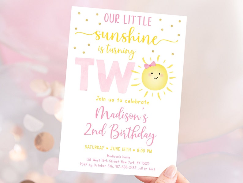 Editable Sunshine 2nd Birthday Invitation Girl Sunshine Party Pastel Little Sunshine Pink Gold Birthday Invite Digital Download A599 image 2
