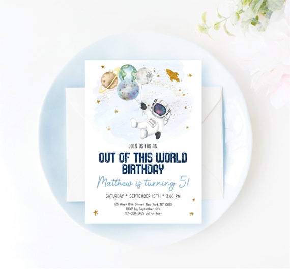 Editable Space Birthday Invitation Out Of This World Invite Astronaut Blue Gold Galaxy Planets Rocket Ship Outer Space Party Digital A606 Il_570xn