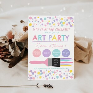 May include: A colorful invitation for an art party with paint splatters and the text "Let's paint and celebrate! Join us for an Art Party Emma is turning 6" and details about the party, including the date, time, and location.