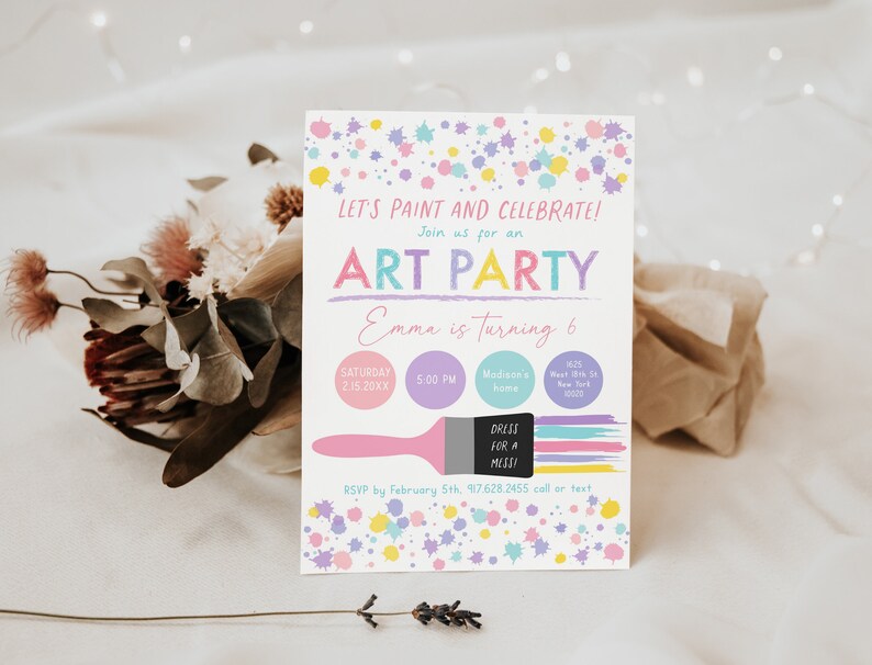 May include: A colorful invitation for an art party with paint splatters and the text "Let's paint and celebrate! Join us for an Art Party Emma is turning 6" and details about the party, including the date, time, and location.