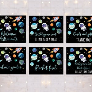 Editable Space Birthday Sign Table Signs Set of 6 Party Signs Astronaut Galaxy Planets Rocket Ship Outer Space Moon Stars Download A654