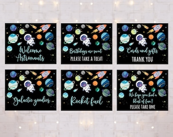 Editable Space Birthday Sign Table Signs Set of 6 Party Signs Astronaut Galaxy Planets Rocket Ship Outer Space Moon Stars Download A654