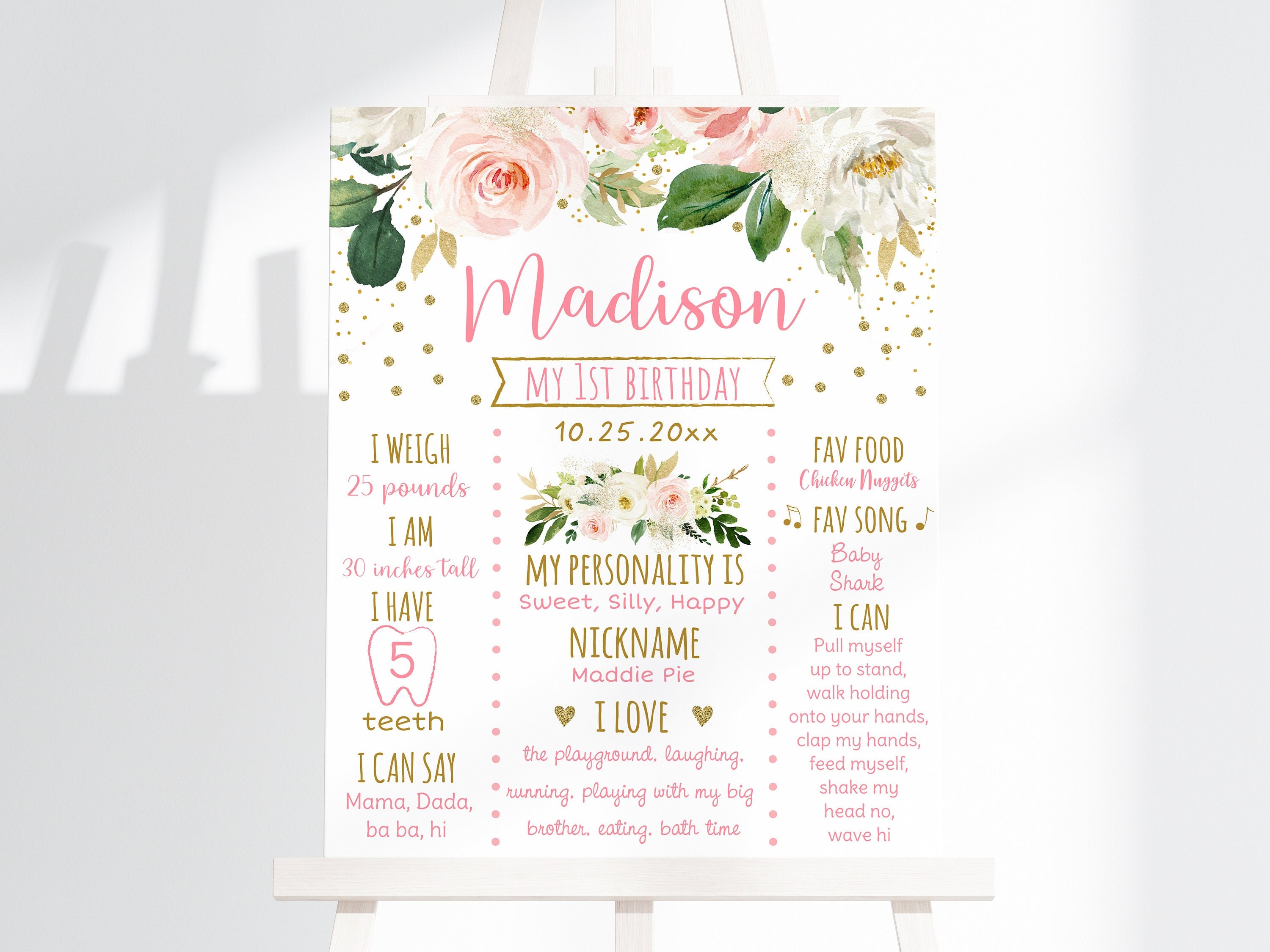 Editable Floral Blush & Gold Milestone Birthday Sign, First Birthday Milestone Sign, Pink and Gold 1st Birthday, Printable Digital A492