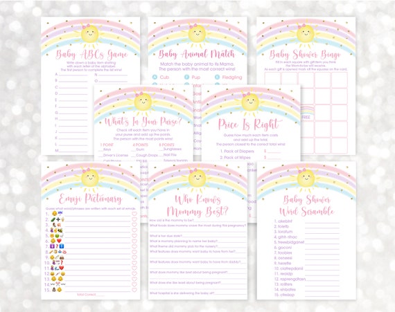 Sunshine Rainbow Baby Shower Games Package Pastel Rainbow Pink Gold Sunshine Baby Girl Shower Set of 8 Games Digital Download A599 Il_570xn