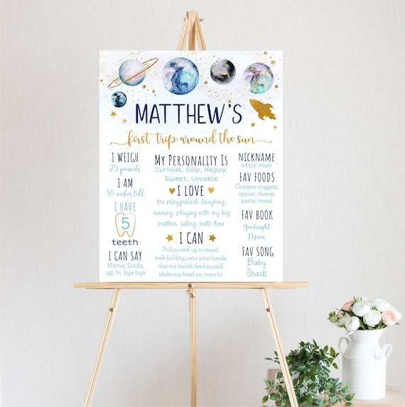 Editable Outer Space Birthday Milestone Sign First Trip Around The Sun Blue Gold Galaxy Planets Party Rocket Ship Printable Digital A586 Il_570xn