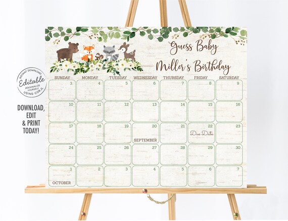 EDITABLE Woodland Floral Baby Due Date Calendar Game Woodland Forest Animals Greenery Gender Neutral Guess Baby's Birthday Printable A485 Il_570xn