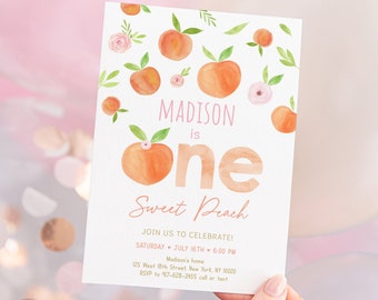 Editable Peach Birthday Invitation One Sweet Peach First Birthday Invite Watercolor Peach Girl 1st Birthday Printable Digital Download A668