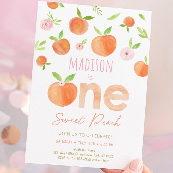 Editable Peach Birthday Invitation One Sweet Peach First Birthday Invite Watercolor Peach Girl 1st Birthday Printable Digital Download A668