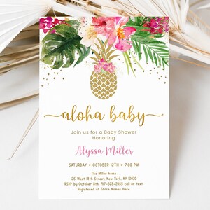 Editable Pineapple Baby Shower Invitation Tropical Floral Aloha Baby Gold Pineapple Pink Floral Printable Digital Instant Download A494 image 1