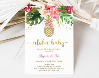 Editable Pineapple Baby Shower Invitation Tropical Floral Aloha Baby Gold Pineapple Pink Floral Printable Digital Instant Download A494