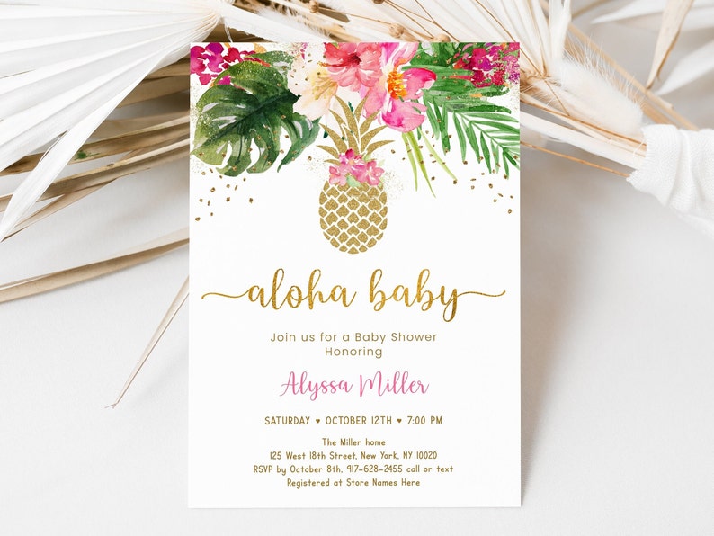 Editable Pineapple Baby Shower Invitation Tropical Floral Aloha Baby Gold Pineapple Pink Floral Printable Digital Instant Download A494 image 1