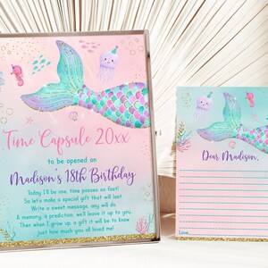 Editable Mermaid Birthday Time Capsule Sign Mermaid First Birthday Under The Sea Party Pink Purple Teal Gold Printable Digital Download A615